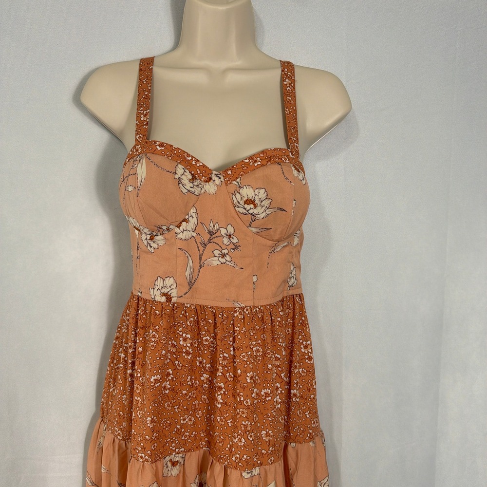 Land of the Free Maxi Dress Floral Tiered Smocked Back Coral Peach Womens Size S - Picture 3 of 9